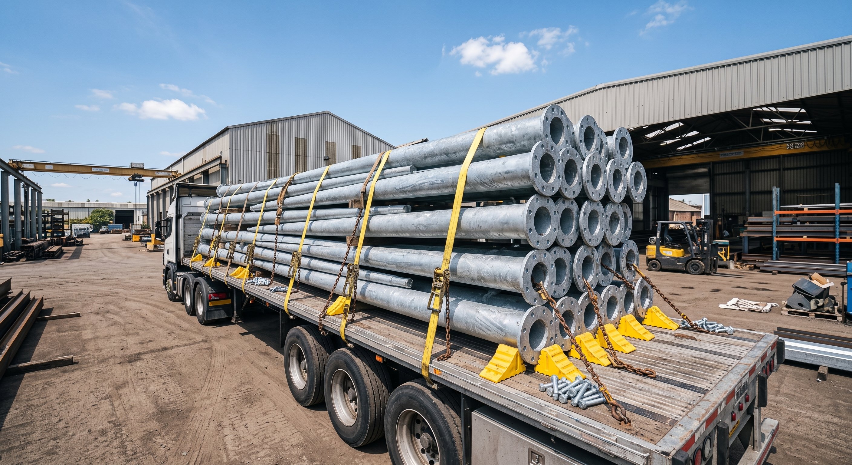 Galvanized steel poles loaded for shipment